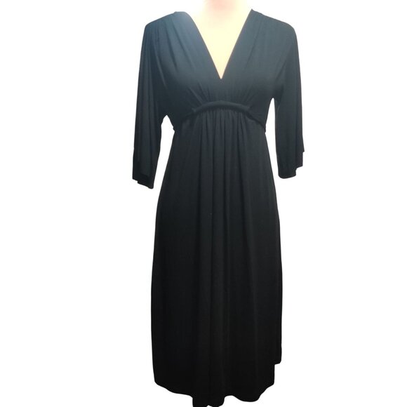 Olian XS Black V-Neck Maternity Dress Empire Tie Waist Knit USA Made Minimalist - Picture 1 of 8